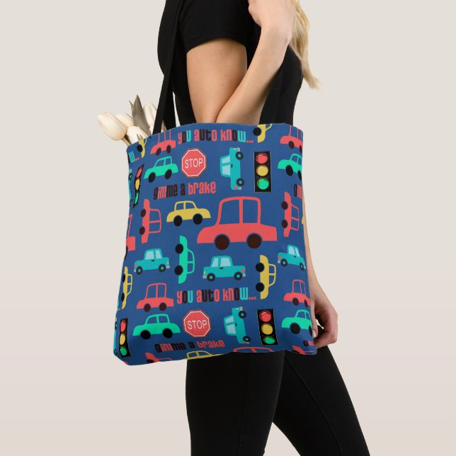 Traffic Cars Pattern on Blue Tote Bag (Close Up)