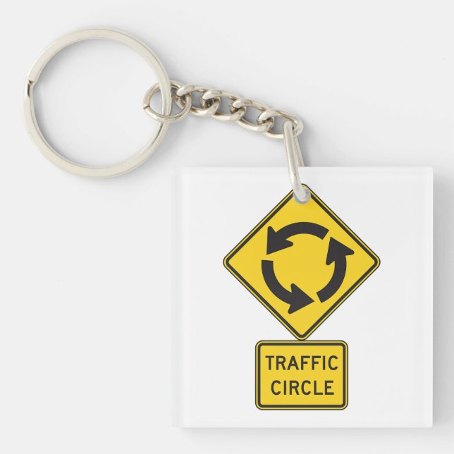 Traffic Circle Road Sign Yellow Diamond Keychain (Front)