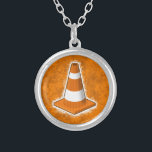 Traffic Safety Cone Splatter Silver Plated Necklace<br><div class="desc">A bright orange traffic safety cone on a matching splatting paint background.</div>