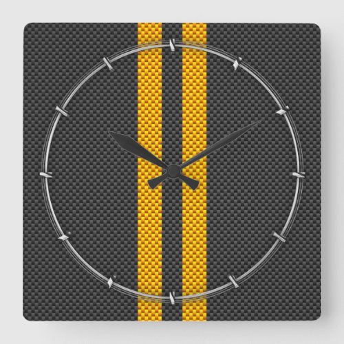 Traffic Yellow Racing Stripes Carbon Fiber Style Square Wall Clock