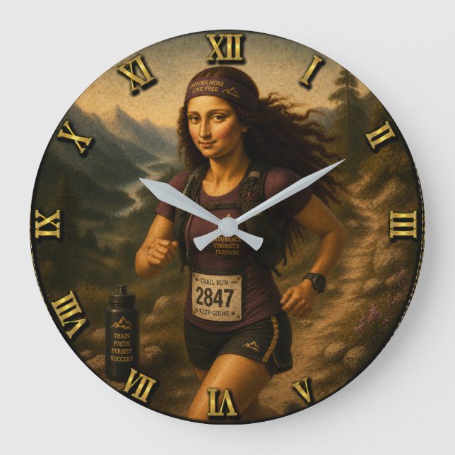 Trail Runner Funny Mona Lisa Large Clock (Front)