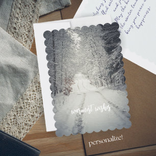 Trail through a snow-covered winter forest holiday card