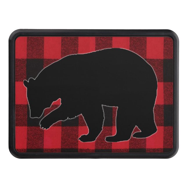 Trailer Hitch Red Buffalo Plaid Bear Black Hitch Cover (Front)