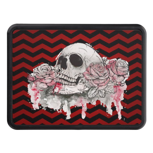 Trailer Hitchskull Rose Gothic Chevron red black Hitch Cover (Front)