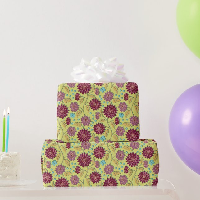 Trailing Dahlia Flower Red on Yellow Wrapping Paper (Party Gifts)