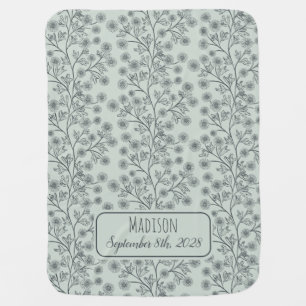 Trailing Floral Name Birth Date Green Baby Blanket