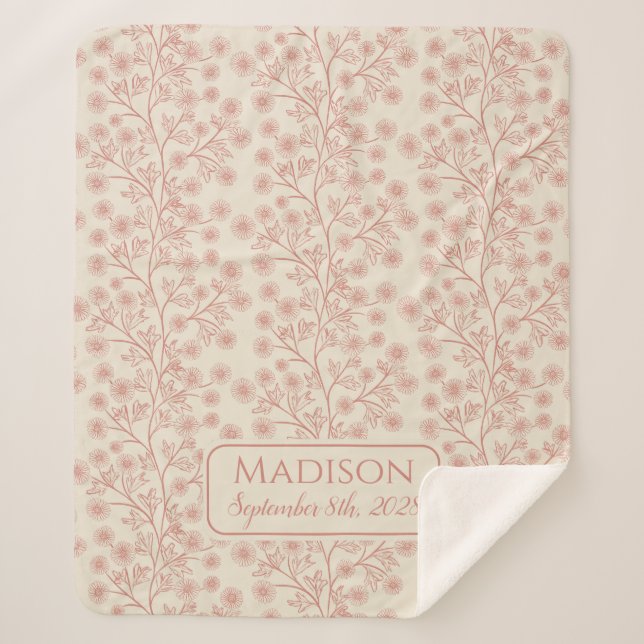 Trailing Floral Name Birth Date Pink Baby Sherpa Blanket (Front)