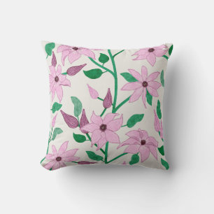 Trailing Pink Clematis Watercolor Floral Pattern Throw Pillow
