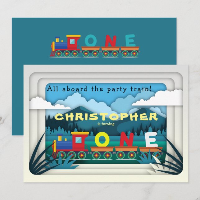 Train 1st Birthday Party Invitation Boy Railway  (Front/Back)