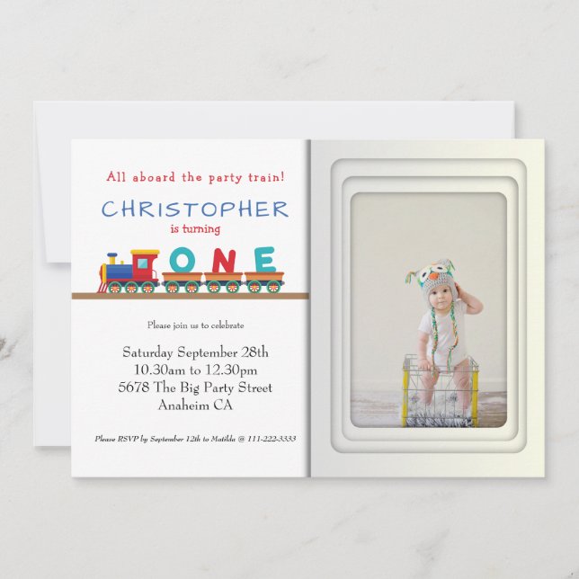 Train 1st Birthday Party Invitation Photo Template (Front)