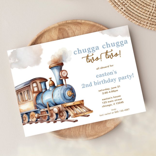 Train 2nd birthday party vintage blue boy invitation (Creator Uploaded)