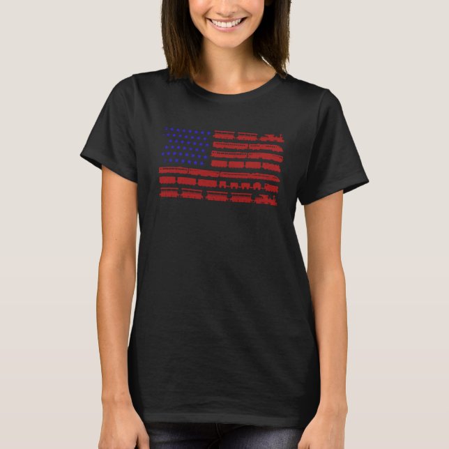 Train American Flag Patriotic Locomotive Railroad T-Shirt (Front)