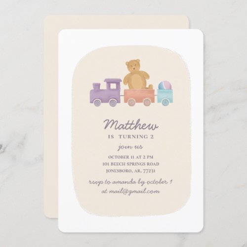 Train and bear toys Gender neutral kids birthday Invitation