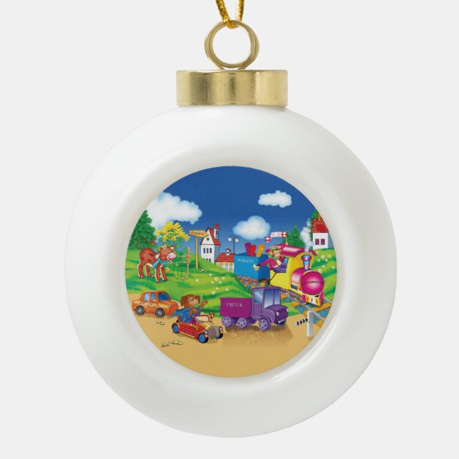 train and car ceramic ball christmas ornament (Front)