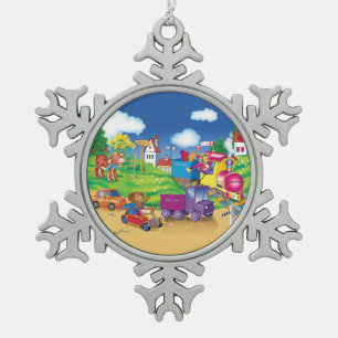 train and car snowflake pewter christmas ornament
