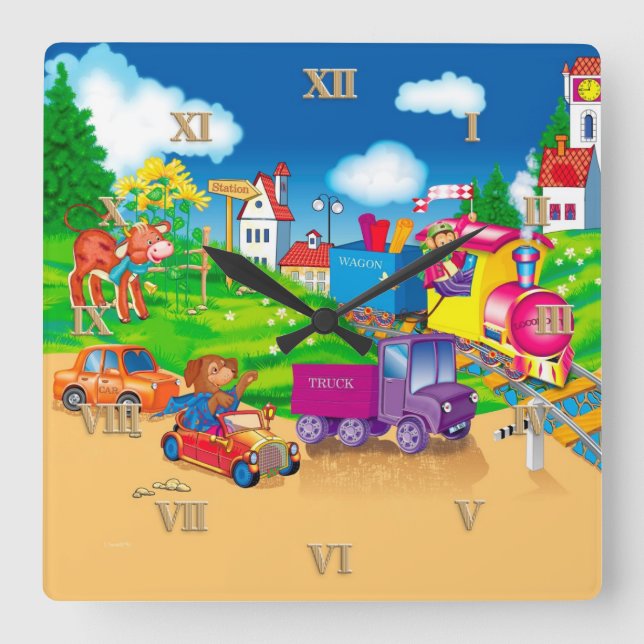 train and car square wall clock (Front)