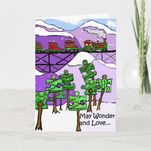 Train and puzzle trees Christmas Card autism (Front)
