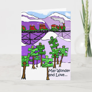 Train and puzzle trees Christmas Card autism