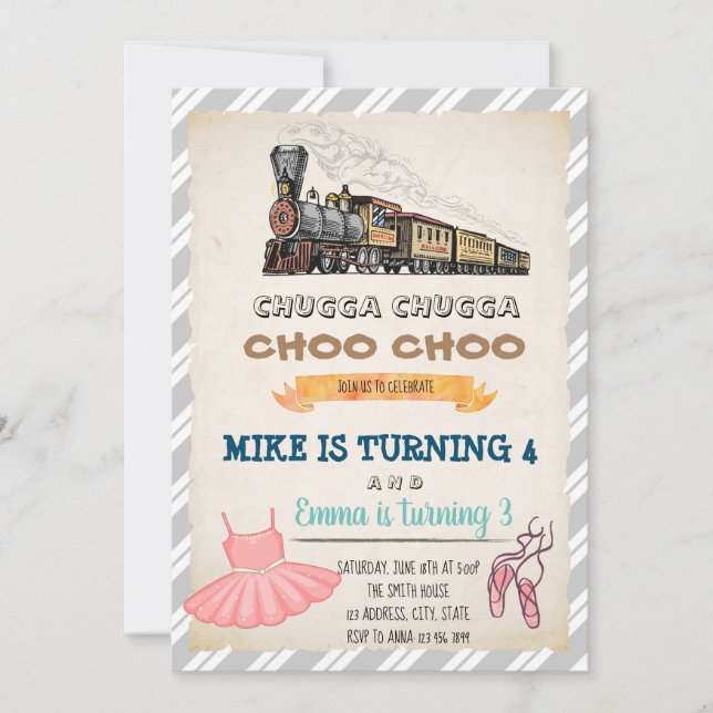 Train and tutu joint birthday invitation (Front)