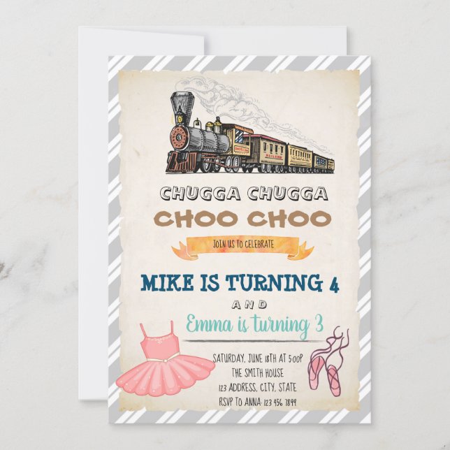 Train and tutu joint birthday invitation (Front)