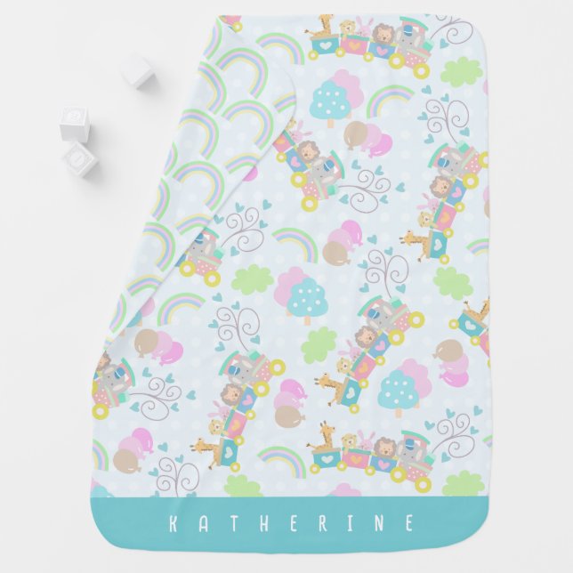 Train Animals Blue Baby Blanket (In Situ)