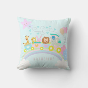 Train Animals Blue Throw Pillow