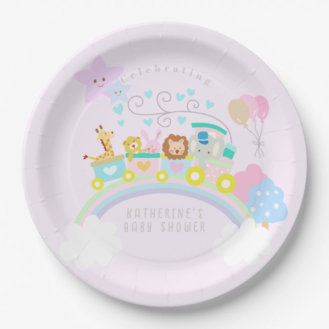 Train Animals Pastel Baby Pink Paper Plates (Front)