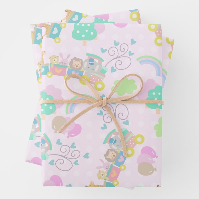 Train Animals Pink Wrapping Paper Sheets (In situ)