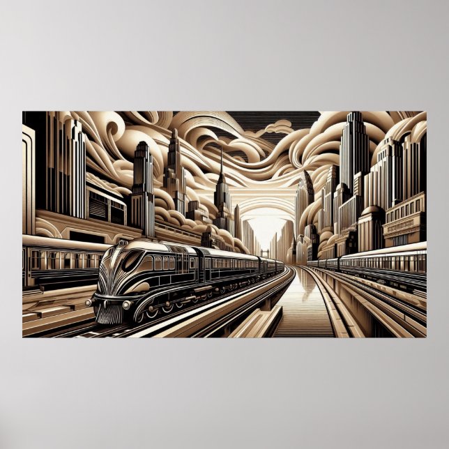 Train Art Deco Style gold copper black white Poster (Front)
