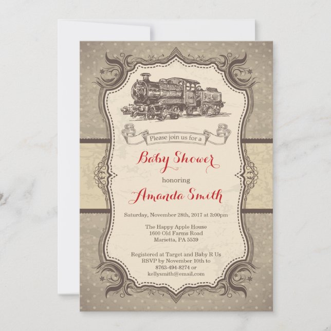 Train Baby Shower Invitation Vintage Retro (Front)