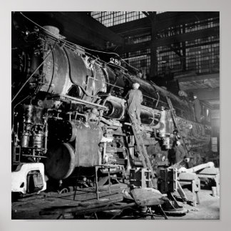 Train Being Repaired At Locomotive Shop - 1942 Poster