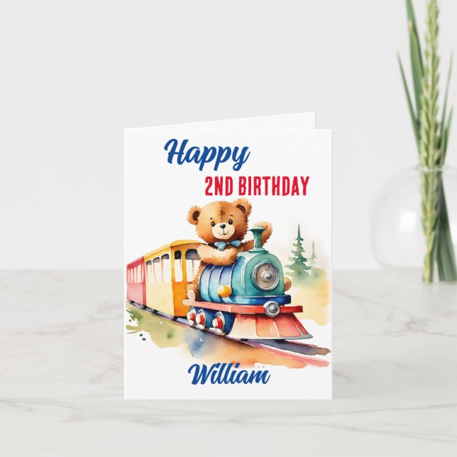 Train birthday cute teddy bear driving toy train card (Front)