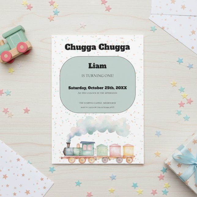 Train Birthday Invitation | Cute 1st Birthday (Blue watercolor train birthday invitation for boys, perfect for 1st birthday or chugga chugga party.)