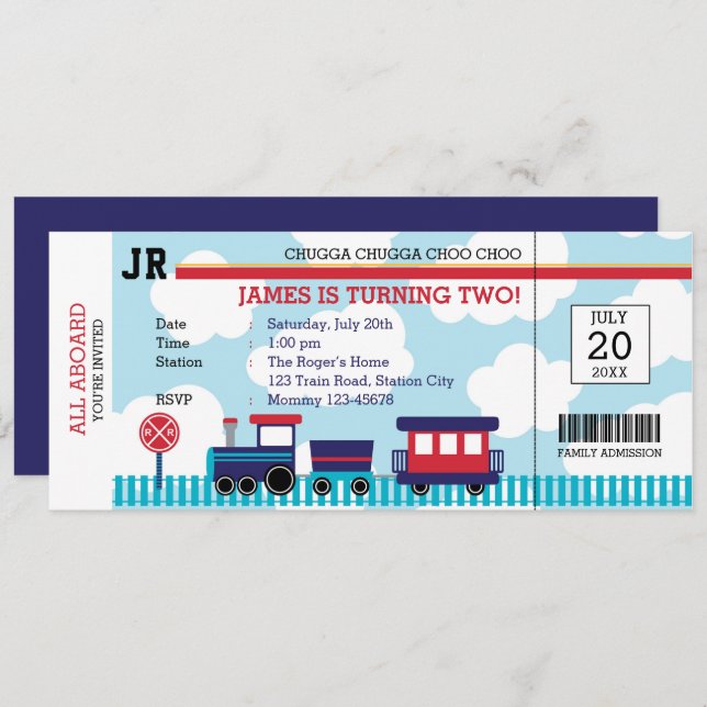 Train Birthday Invitations (Navy Blue & Red) (Front/Back)