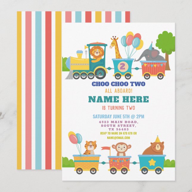 Train Birthday Party Choo Two Animal  Invitation (Front/Back)