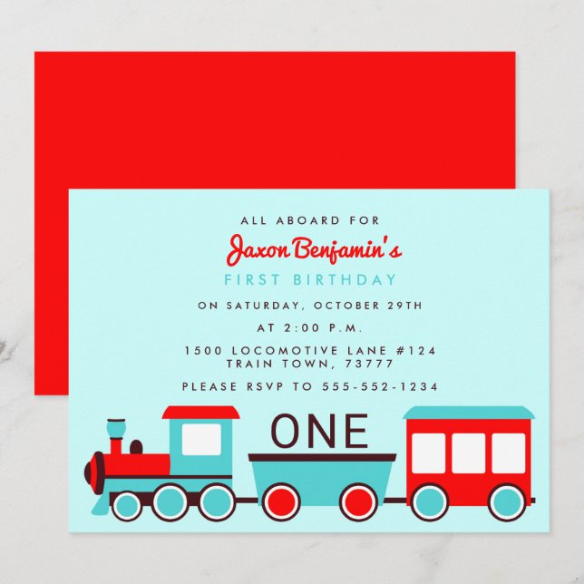 Train Birthday Party Red and Blue Invitation (Front/Back)