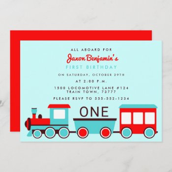 Train Birthday Party Red And Blue Invitation by prettypicture at Zazzle