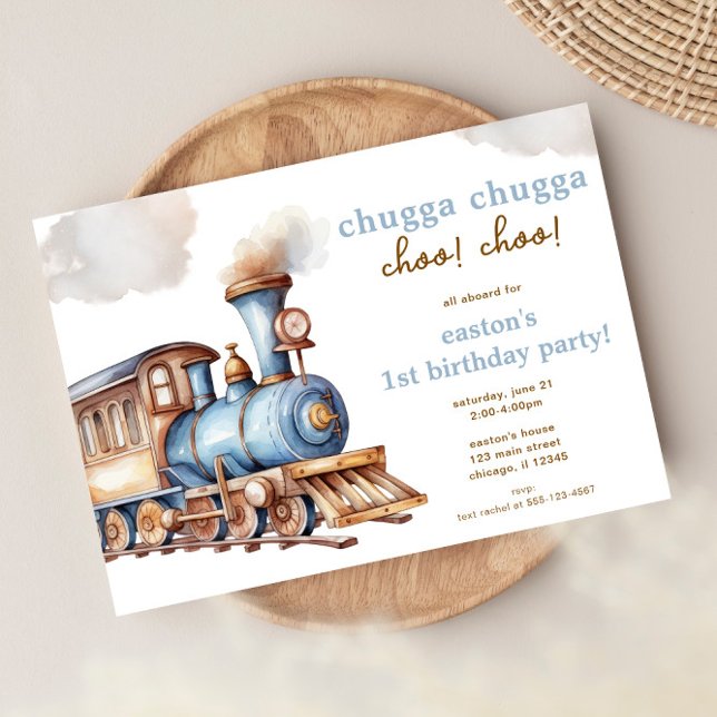 Train birthday party vintage blue boy invitation (Creator Uploaded)