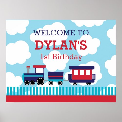 Train Birthday Welcome Poster Navy  Red