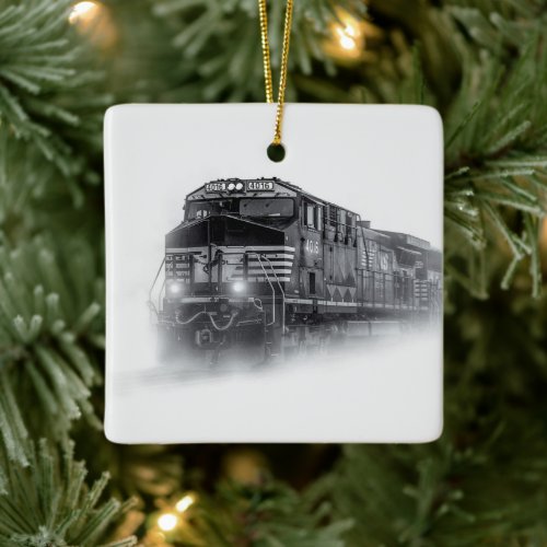 Train Black and White train tracks Ceramic Ornament