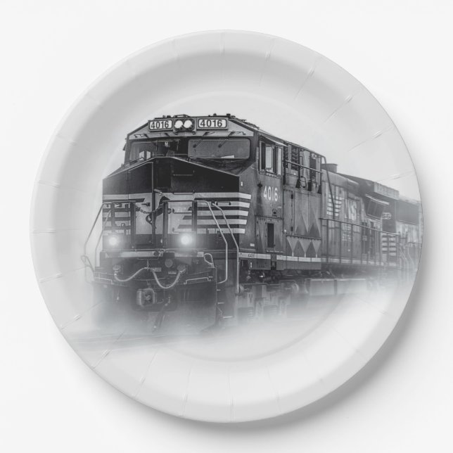 Train Black and White train tracks Paper Plates (Front)