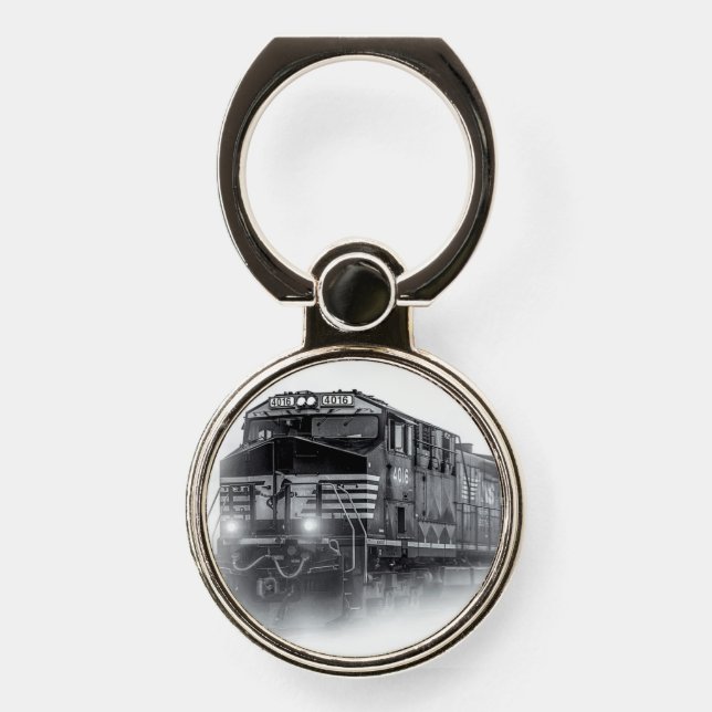 Train Black and White train tracks Phone Ring Stand (Front)
