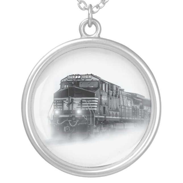 Train Black and White train tracks Silver Plated Necklace (Front)