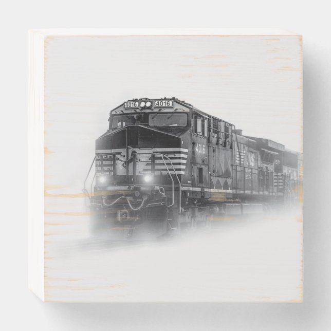 Train Black and White train tracks Wooden Box Sign (Front Horizontal)