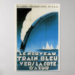 Train Bleu Cote D'Azur French Art Deco Travel Poster<br><div class="desc">Reproduction of vintage travel poster for "Le Nourveau Train Bleu Vers La Cote D'Azur."  Circa 1928,  great Art Deco style in blues,  black and white.</div>