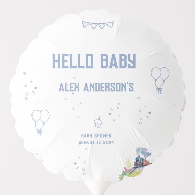 Train Blue Balloons Boy Whimsical Baby Shower (Front)