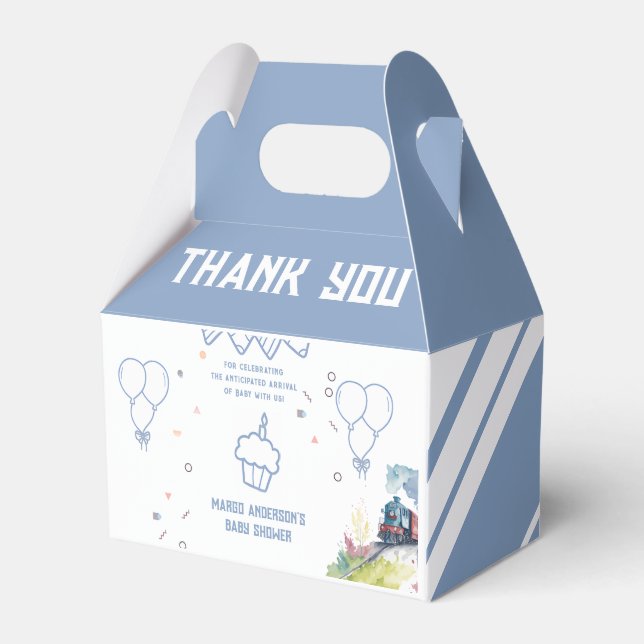 Train Blue Balloons Boy Whimsical Baby Shower Favor Boxes (Front Side)