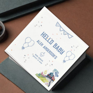 Train Blue Balloons Boy Whimsical Baby Shower Napkins