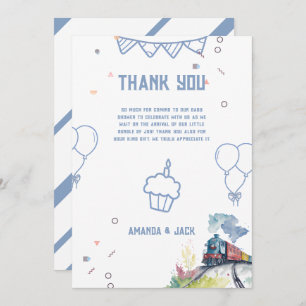 Train Blue Balloons Boy Whimsical Baby Shower Thank You Card