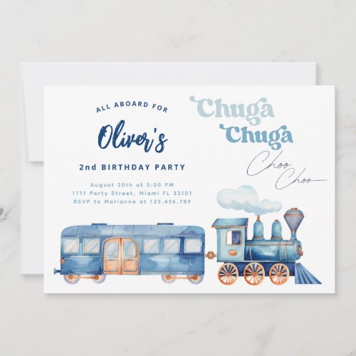 Train Blue Chuga Chuga Choo Choo Modern Birthday Invitation